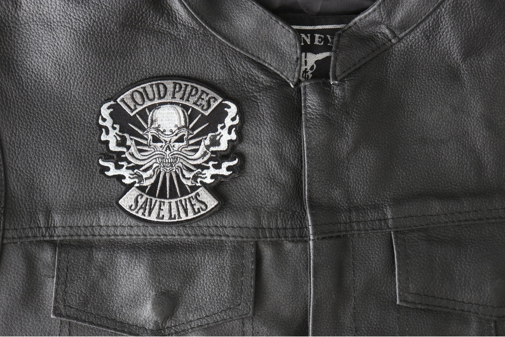Loud Pipes Save Lives Skull and Pipes Patch – Embroidered Patch ( 3 x 4 inches )